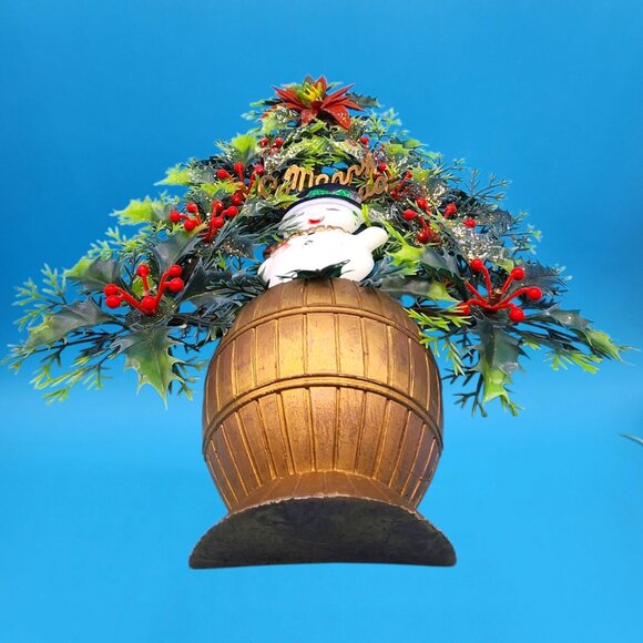 Merry Christmas Tree Snowman Flocked Poinsettia 1970s Kitsch Plastic Hong Kong - Picture 8 of 10